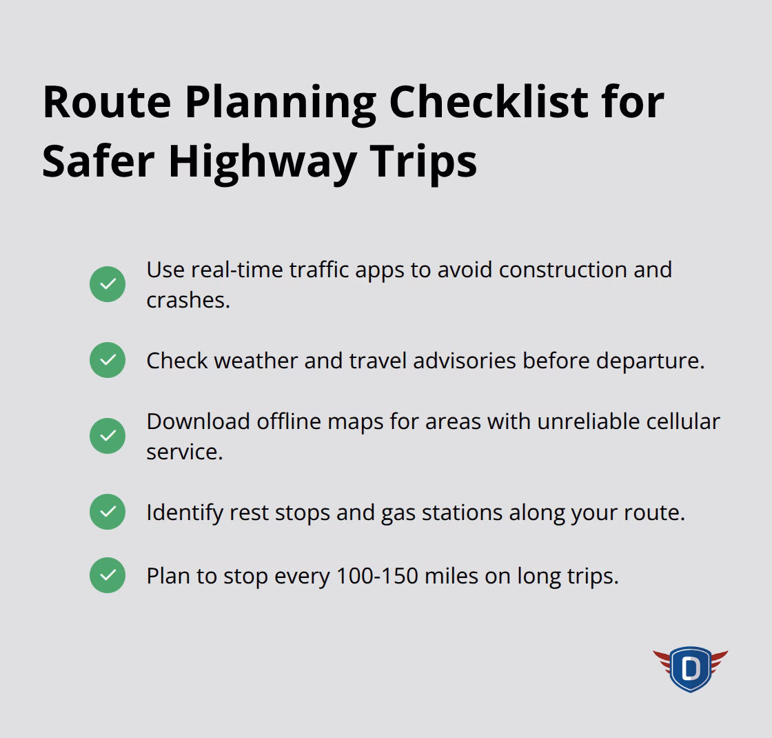 Compact checklist of key route planning steps for safe highway driving in the United States. - highway driving safety tips