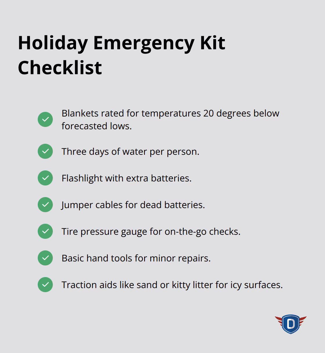 Checklist of recommended emergency supplies for U.S. holiday travel - holiday driving safety tips