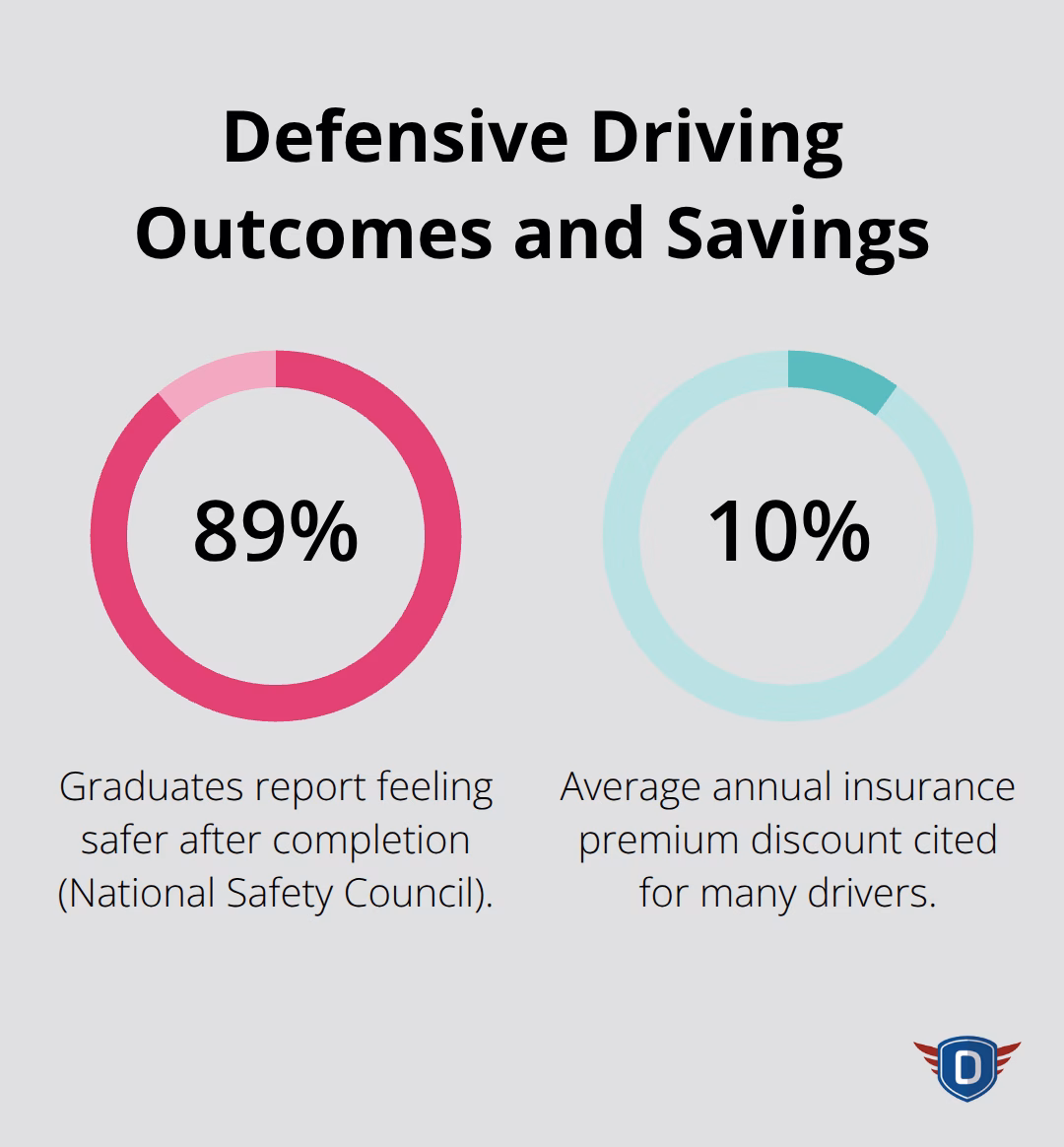 Percentages showing safety outcomes and insurance savings from defensive driving courses - how much is a defensive driving course