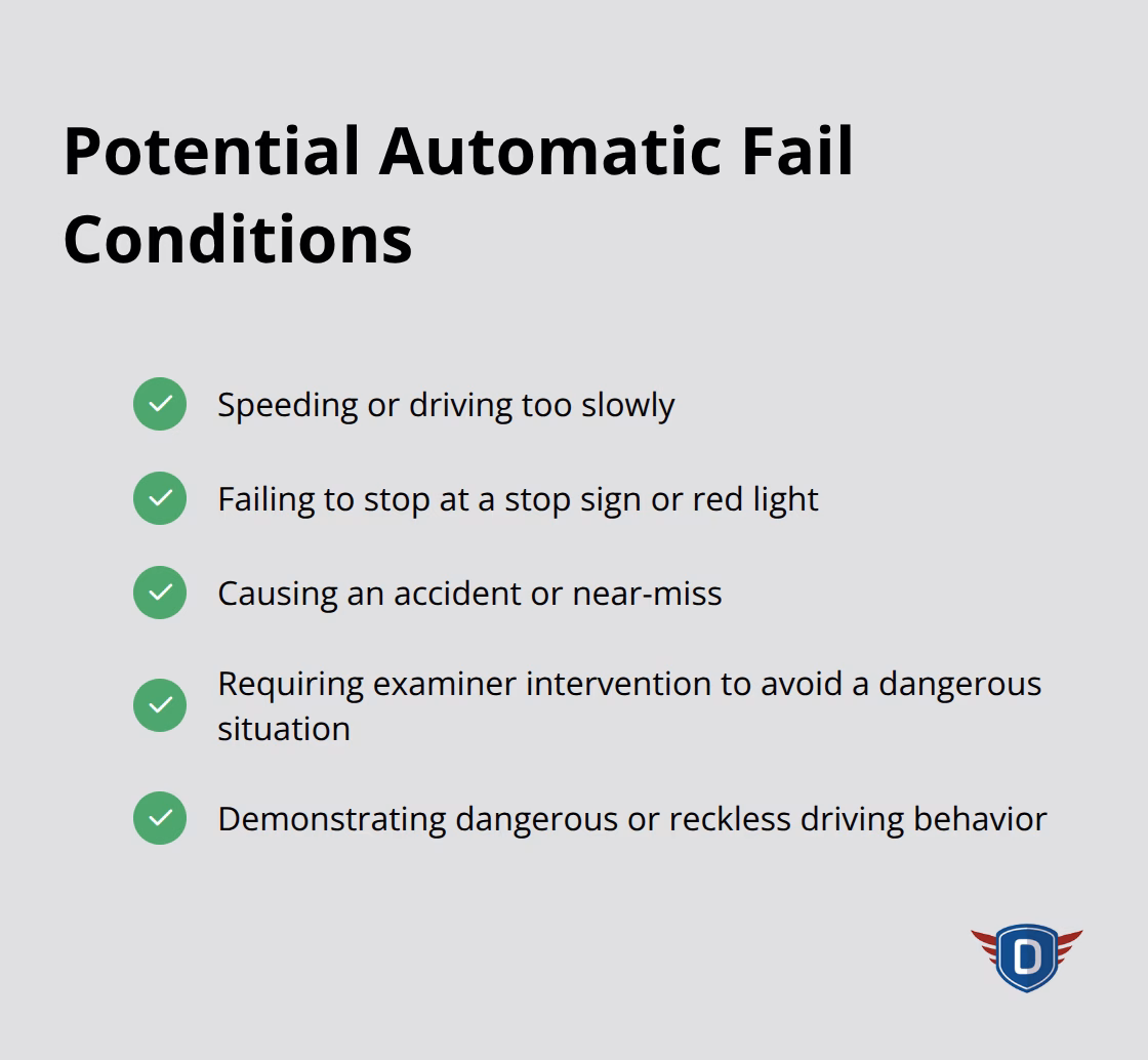 Infographic listing 5 conditions that can lead to automatic failure in a driver's road test - how to pass a drivers road test
