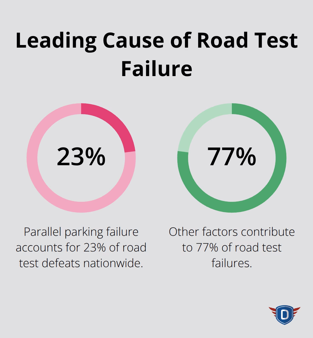 Pie chart illustrating that 23% of road test defeats are due to parallel parking failure - how to pass road test