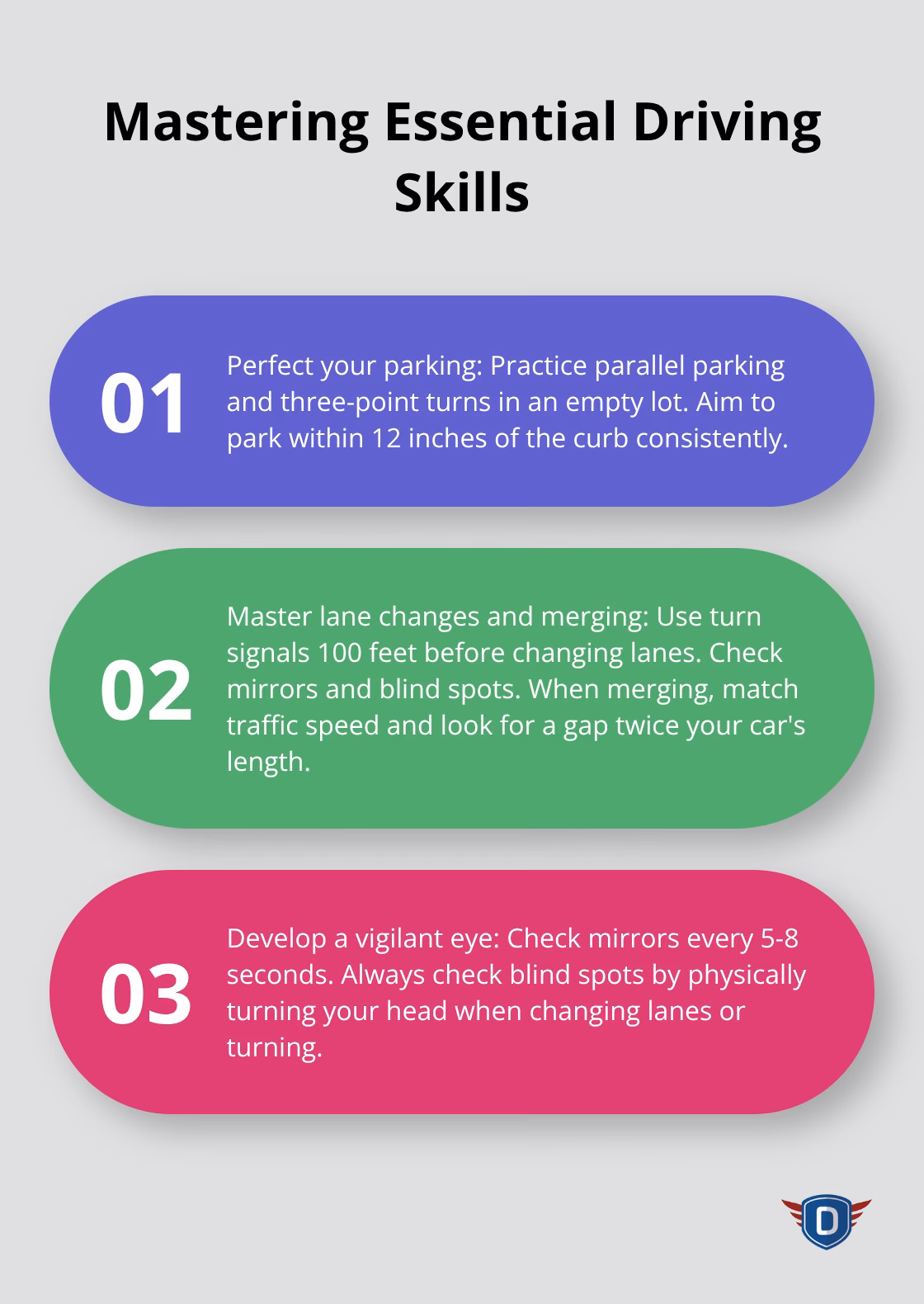 Infographic listing three key steps to master essential driving skills: perfect parking, master lane changes and merging, and develop a vigilant eye