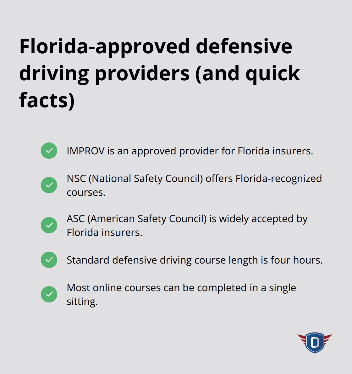 List of Florida-recognized defensive driving course providers and course basics - Insurance discount eligibility