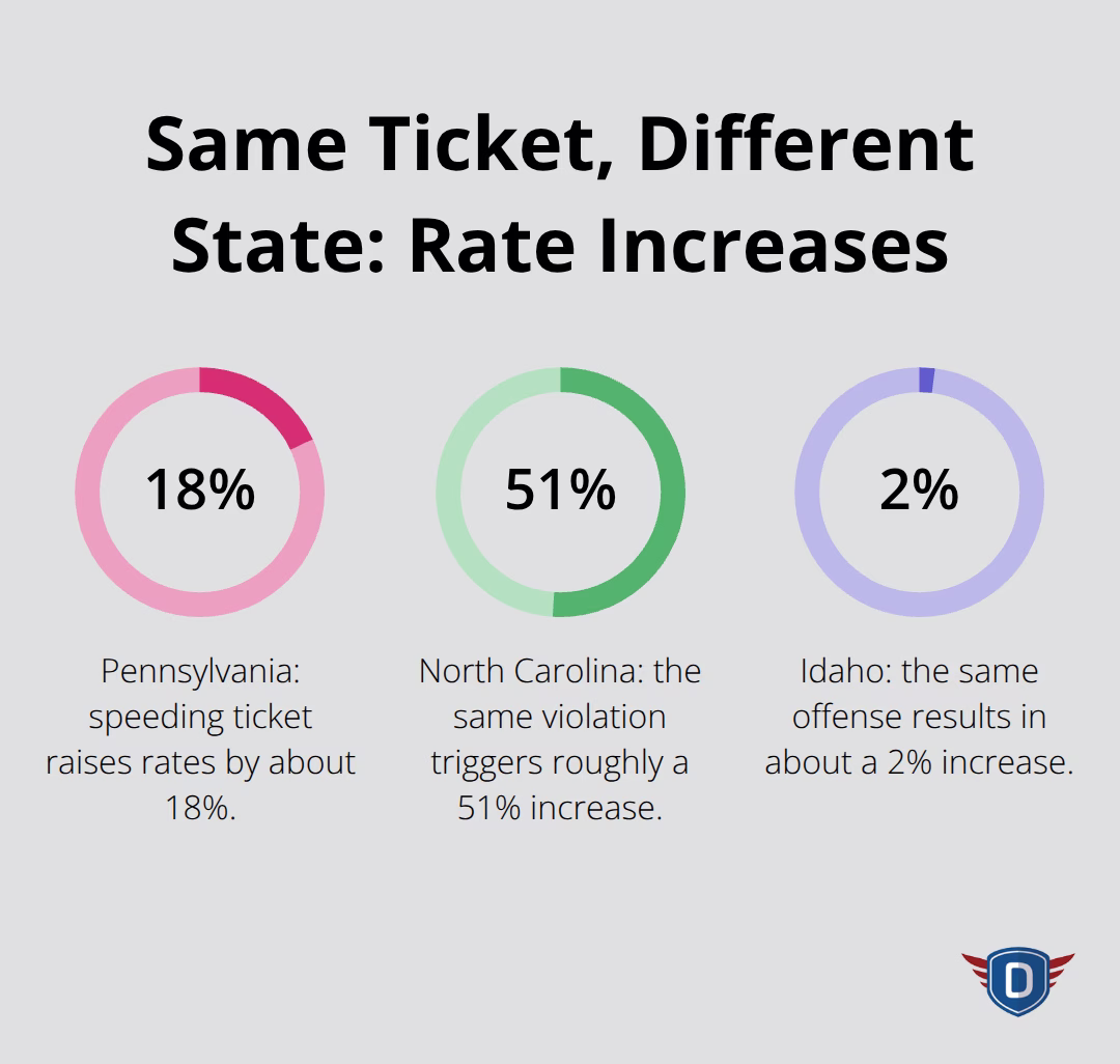 Percentage rate increases for the same speeding ticket in three U.S. states - Insurance premium impact