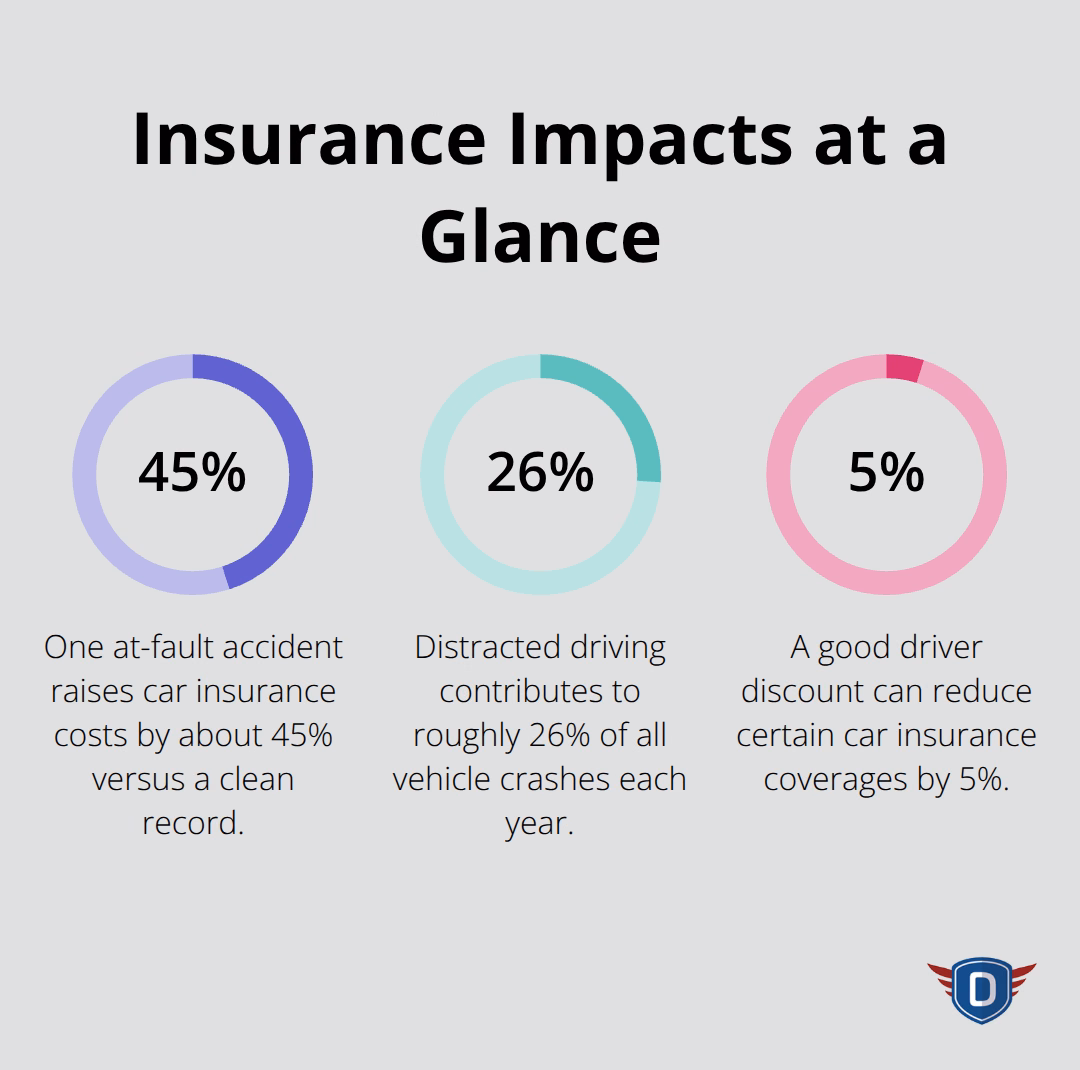 Three quick stats showing how driving behavior and discounts affect insurance costs.
