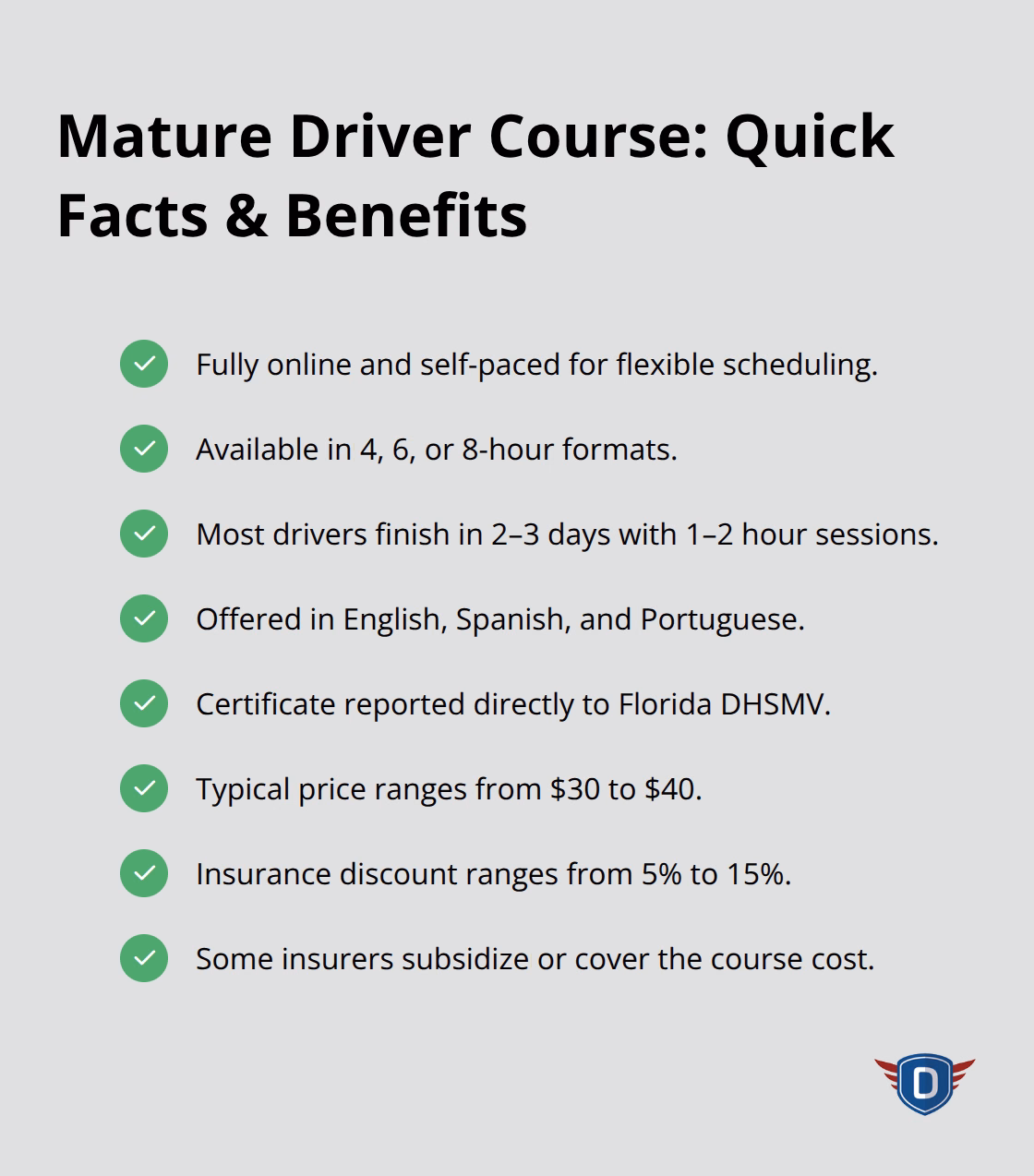 Checklist of key facts and benefits of the mature driver course
