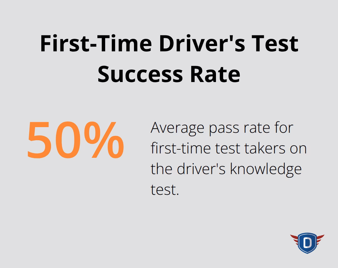 Percentage chart showing that 50% of first-time test takers pass the driver's knowledge test. - New DETS drivers' ed for first time drivers