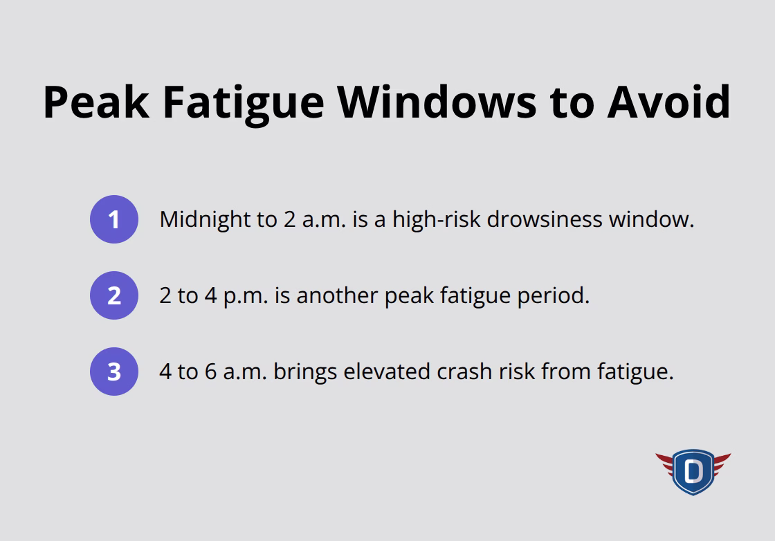 Three peak fatigue time windows that raise crash risk at night and during late-day hours. - Nighttime driving hazards