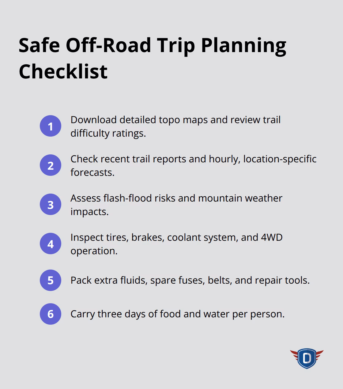 Compact checklist of essential steps to plan a safe off-road trip. - off-road driving safety tips
