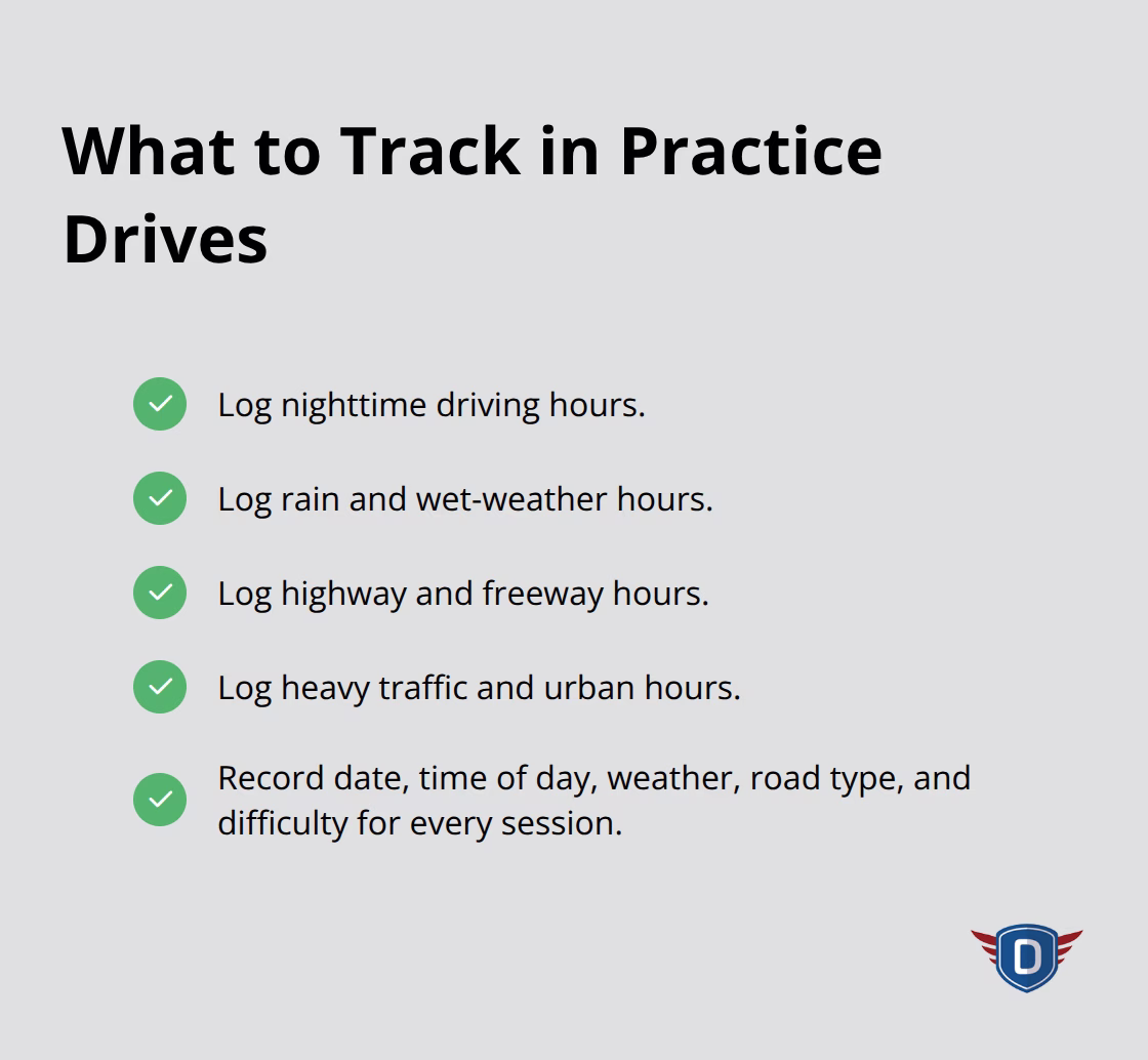 Checklist of driving conditions and details to log for teen driver practice in the U.S. - Parent supervision guidelines