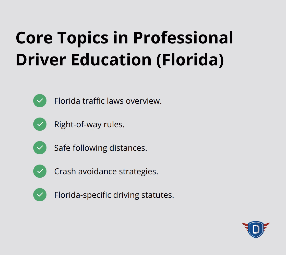 Checkmark list of key topics covered in Florida professional driver education - parent teen driving safety