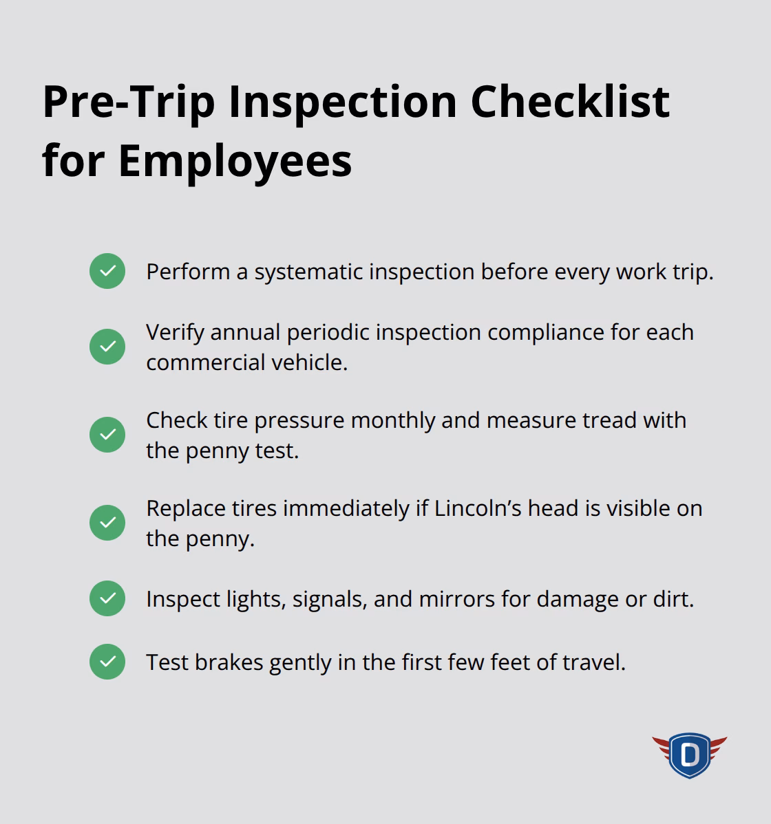 Checklist of essential pre-drive safety checks for employee drivers in the U.S.