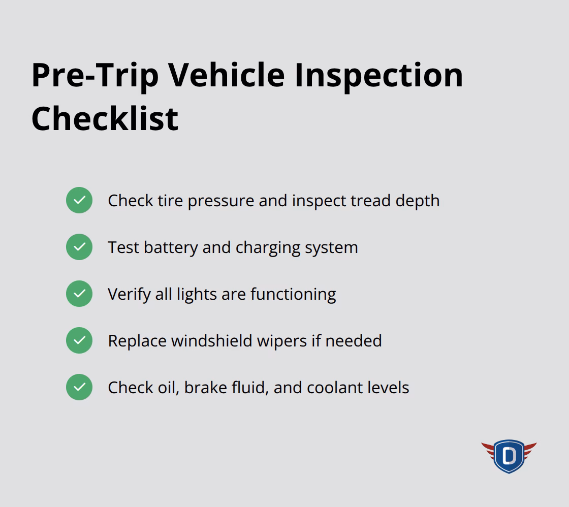 Checklist of essential pre-trip vehicle inspection items including tire pressure, tread depth, battery, lights, windshield wipers, and fluids - safe driving tips for the holidays
