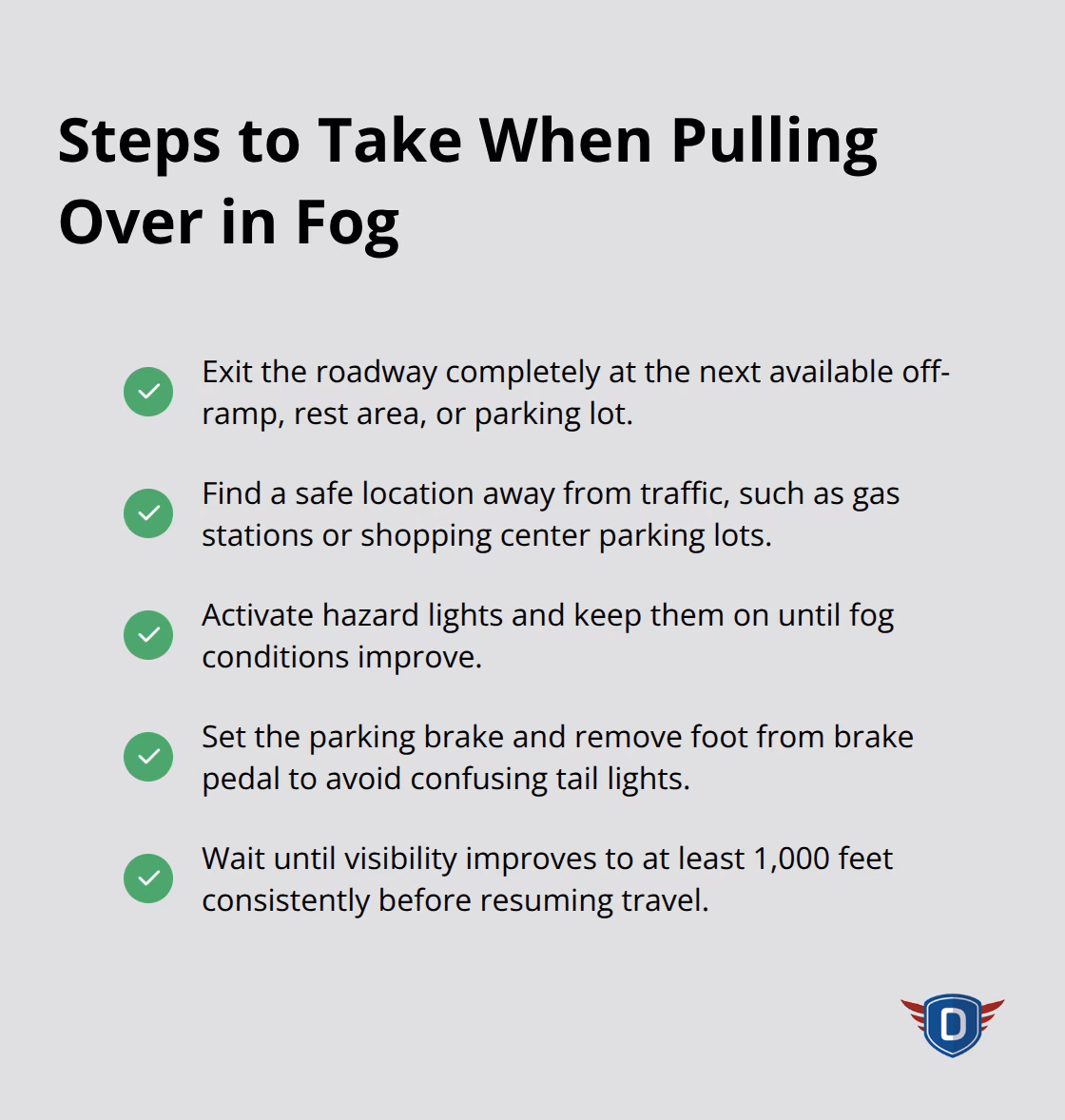 Checkmark list chart outlining five essential steps to take when pulling over during foggy conditions for safety.