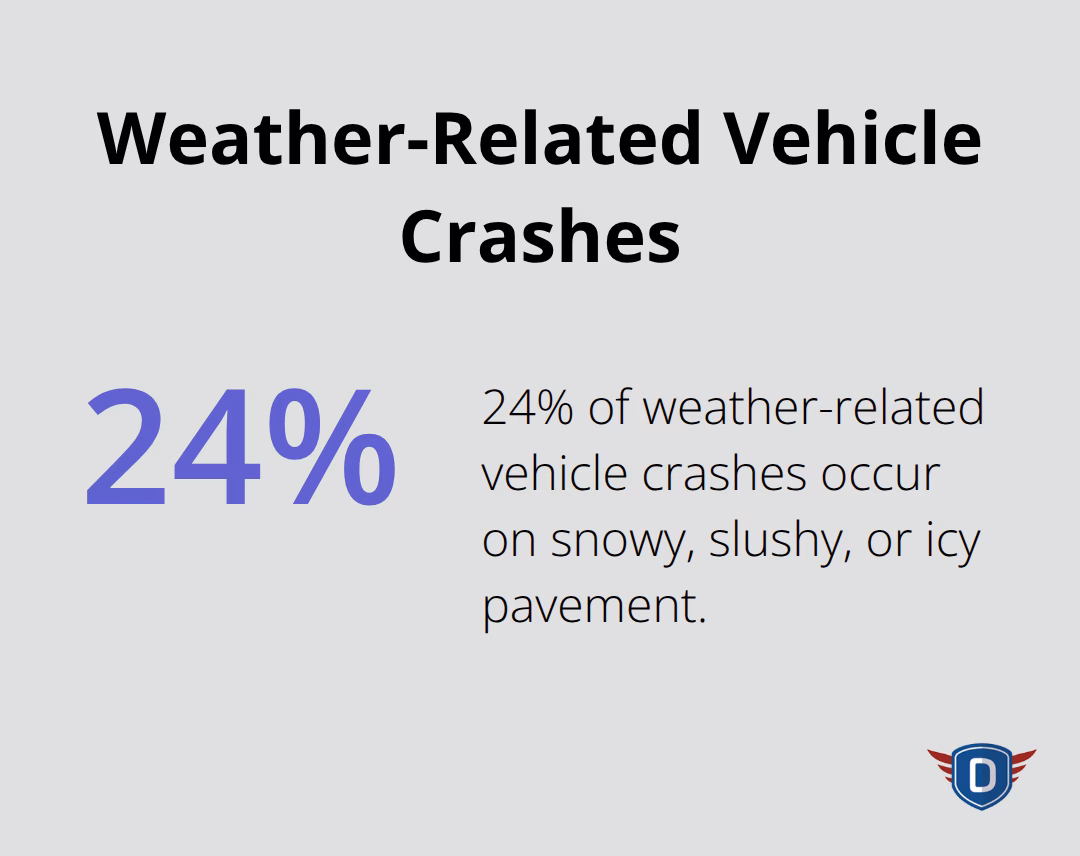 Pie chart showing 24% of weather-related vehicle crashes occur on snowy, slushy, or icy pavement - safe driving tips winter