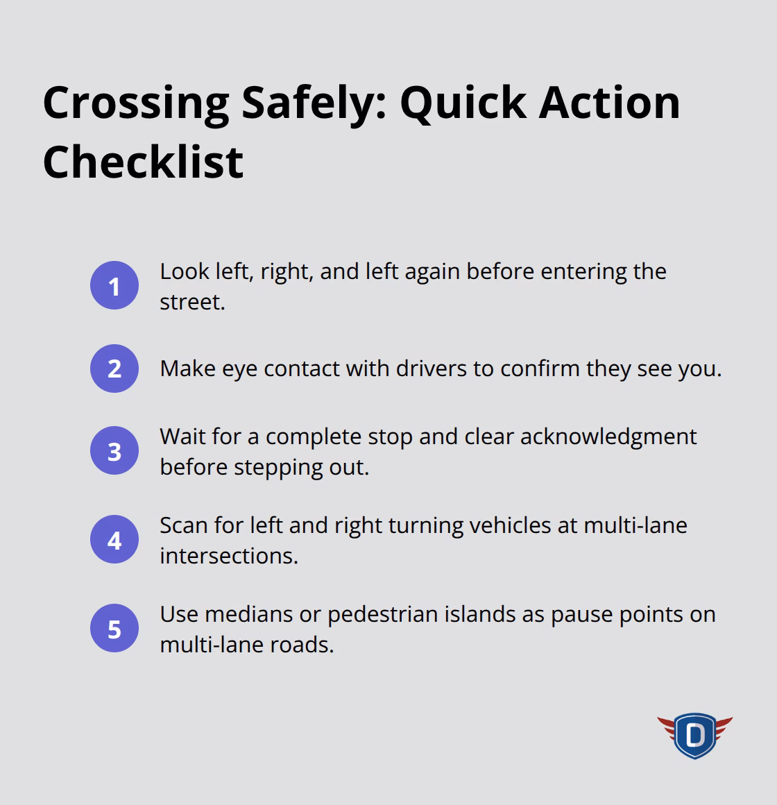 Compact checklist of essential steps for safer pedestrian crossings