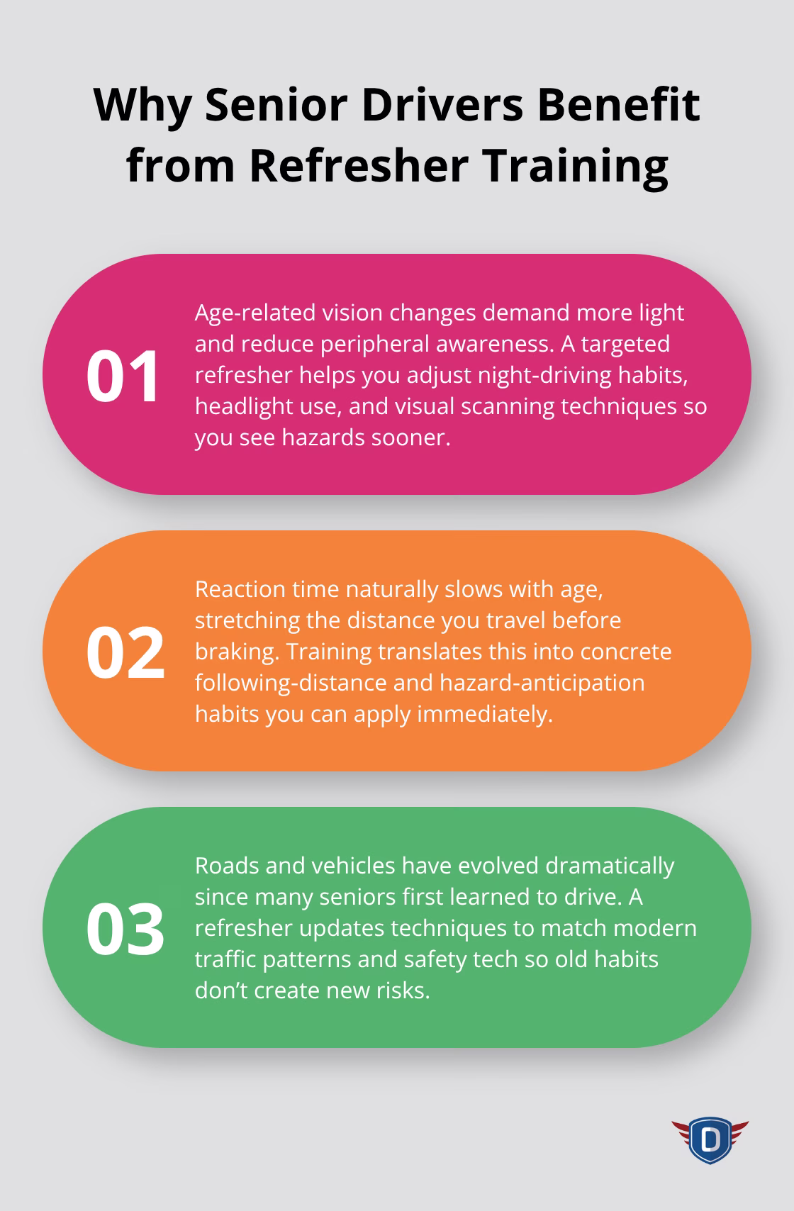 Three key reasons mature drivers benefit from a refresher course: vision changes, slower reactions, and outdated habits. - Senior driver safety course