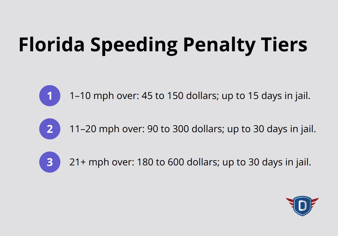 Compact list showing Florida speeding penalty tiers by mph over the limit with fine and jail ranges. - Speed limit laws