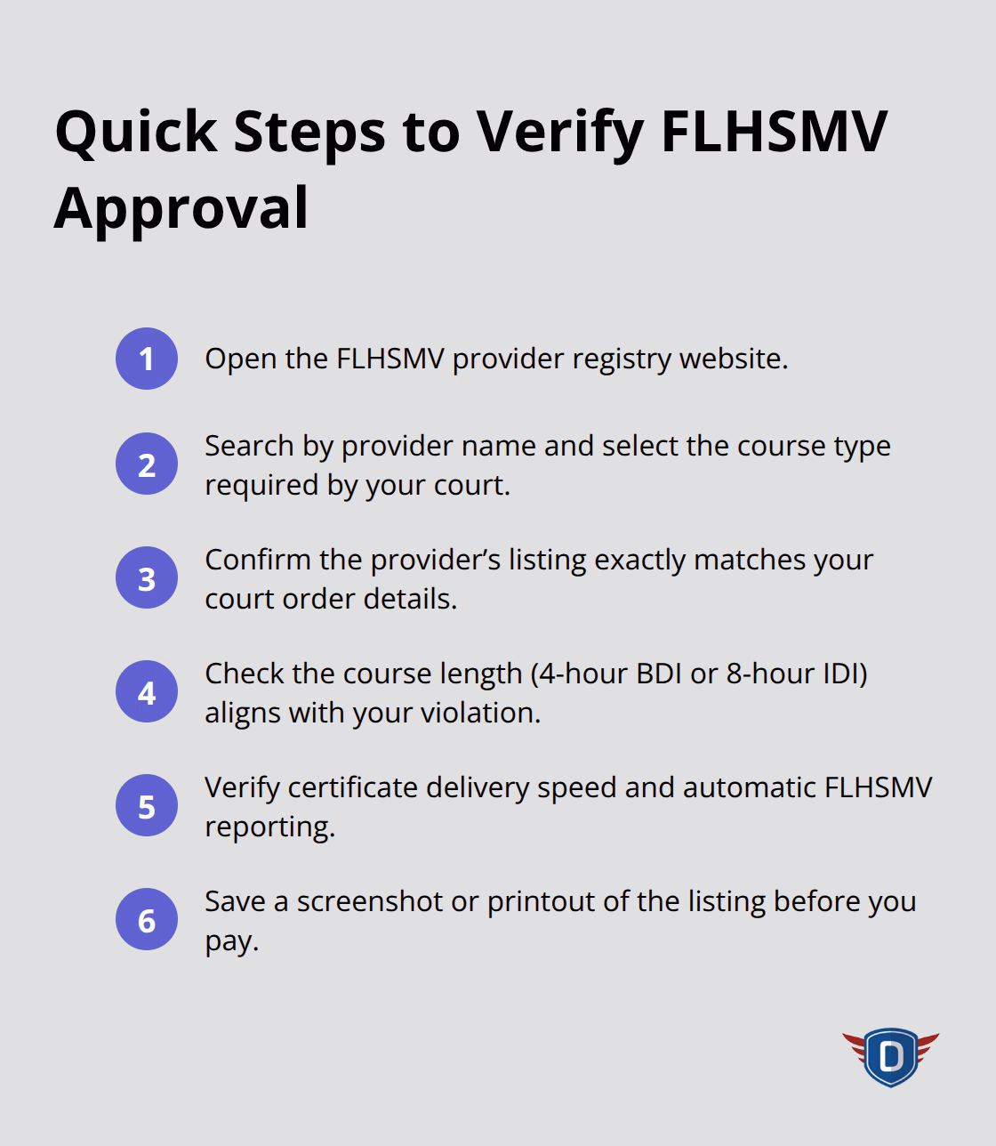 Compact checklist of steps to confirm a Florida traffic school is court-approved.