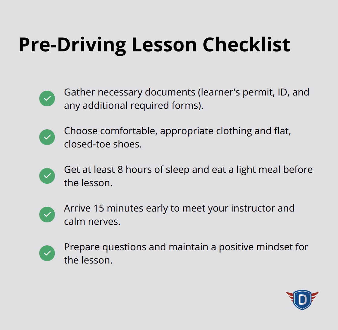 Checklist of important steps to prepare for your first driving lesson, including document preparation, appropriate attire, pre-lesson routine, punctuality, and mental preparation. - step by step driving lessons for beginners