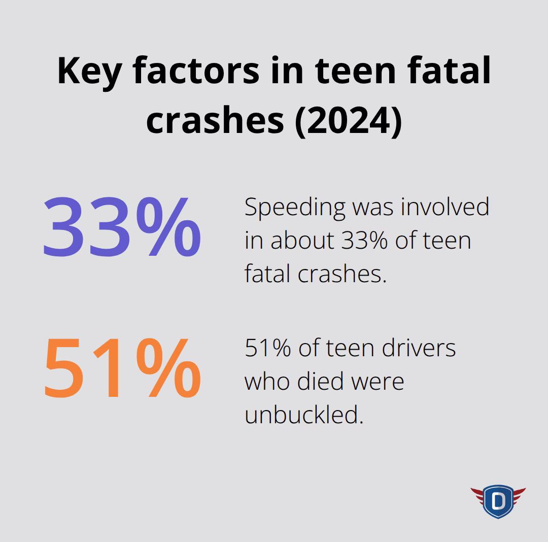 Percentages for speeding involvement and unbuckled drivers in U.S. teen fatal crashes in 2024. - Teen driver education Florida