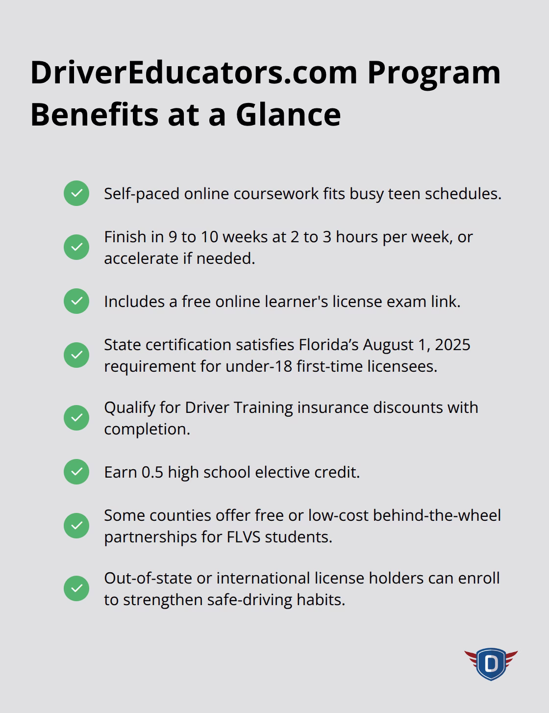 Checklist highlighting key benefits and logistics of the floridadetscourse.com teen program in Florida. - teen driver education Florida