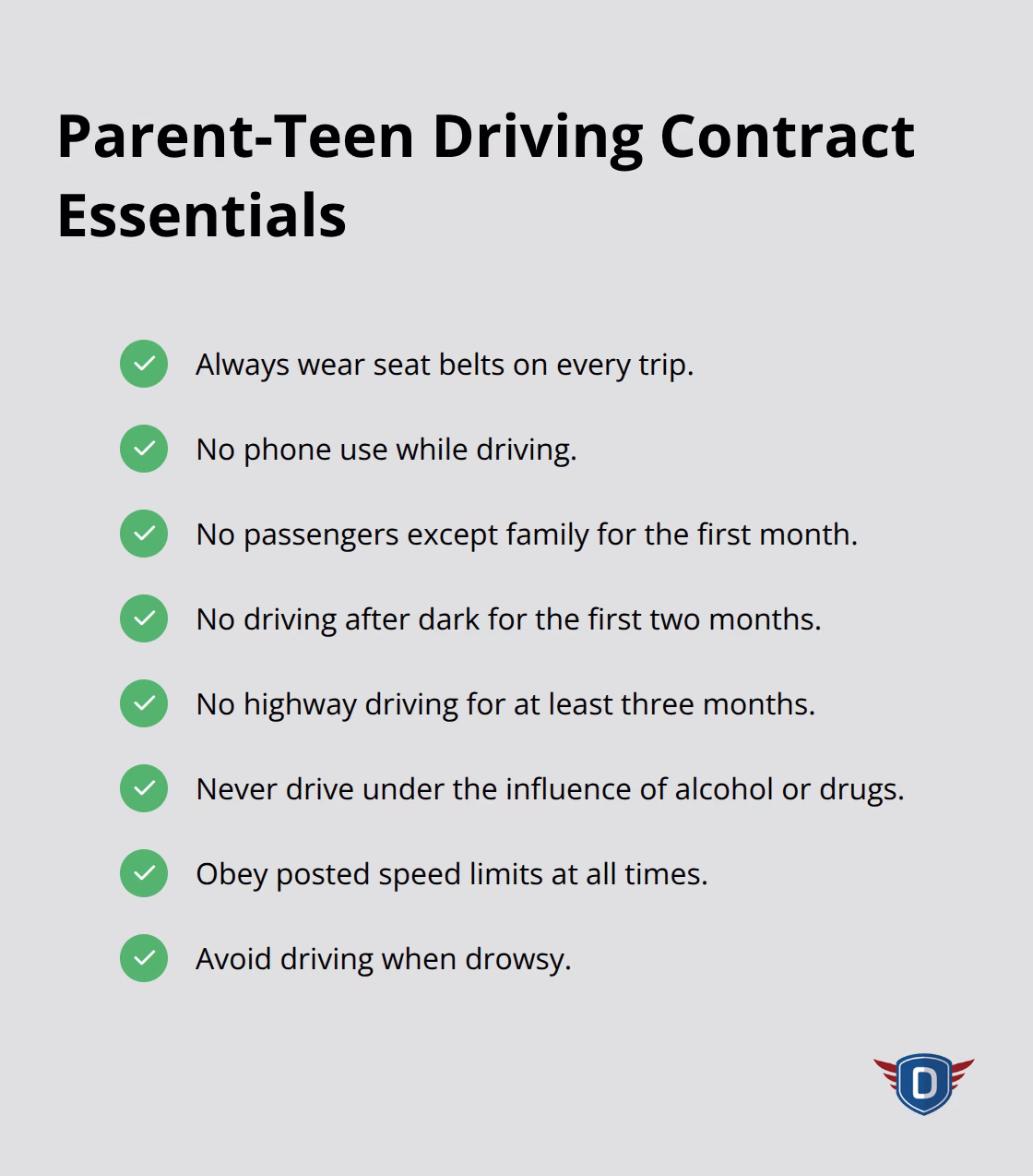 Checklist of key rules to include in a Parent-Teen Driving Contract
