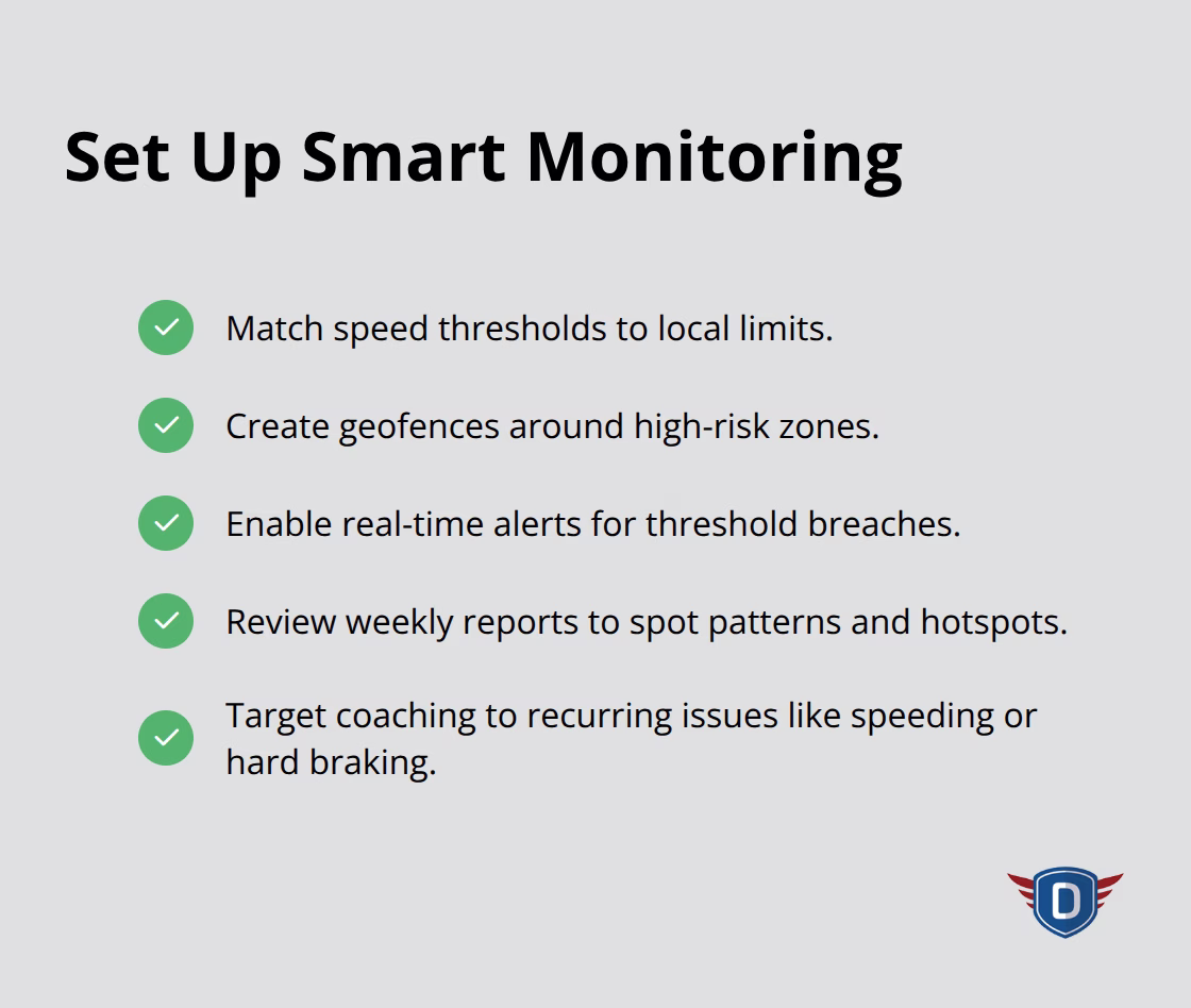 Checklist of monitoring actions for teen drivers using telematics: thresholds, geofences, alerts, and weekly reports.