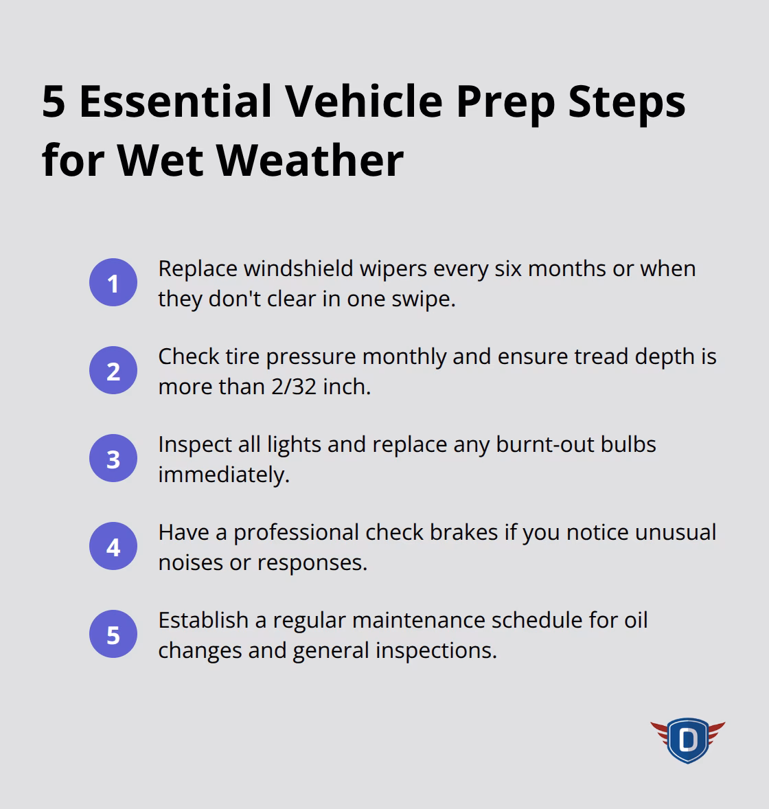 Checklist of 5 vehicle preparation steps for rainy conditions: windshield wipers, tires, lights, brakes, and regular maintenance. - tips for safe driving in the rain