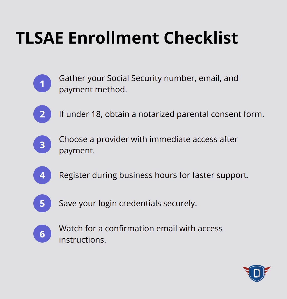 Compact checklist of steps to enroll in a Florida TLSAE course