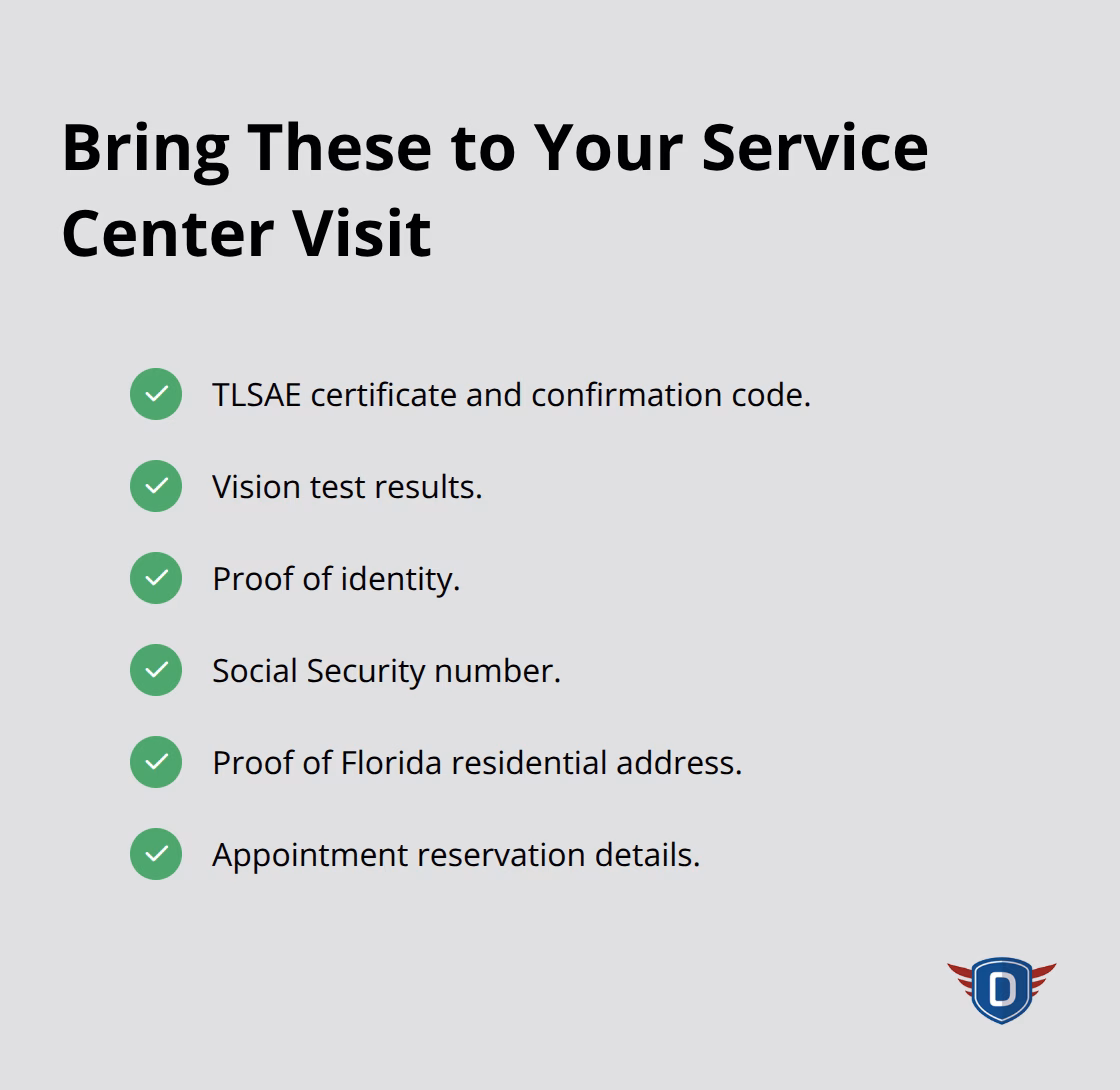 Checklist of documents and planning items for a Florida DMV service center visit. - TLSAE course requirements