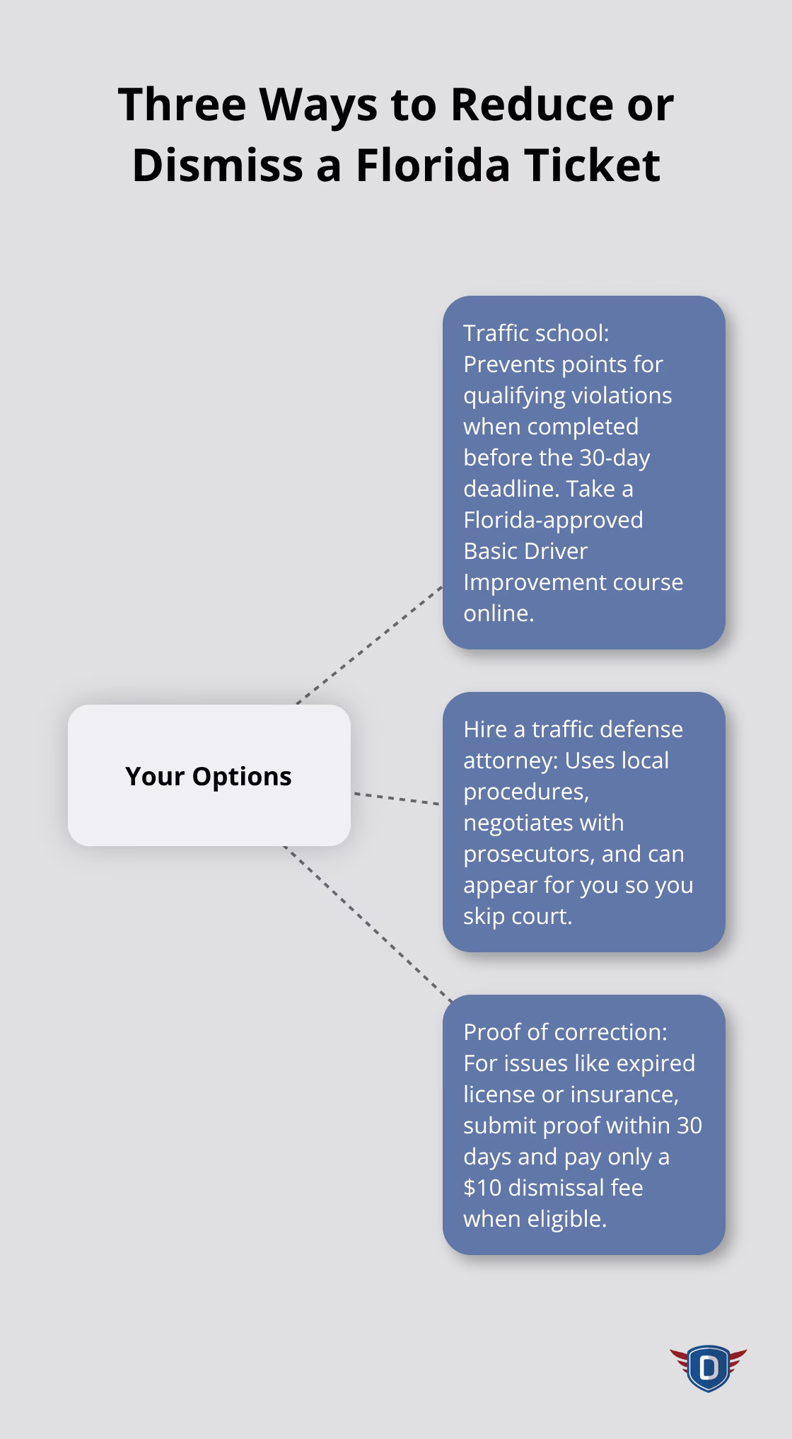 Hub-and-spoke showing traffic school, attorney, and proof of correction as core options - Traffic citation penalties Florida
