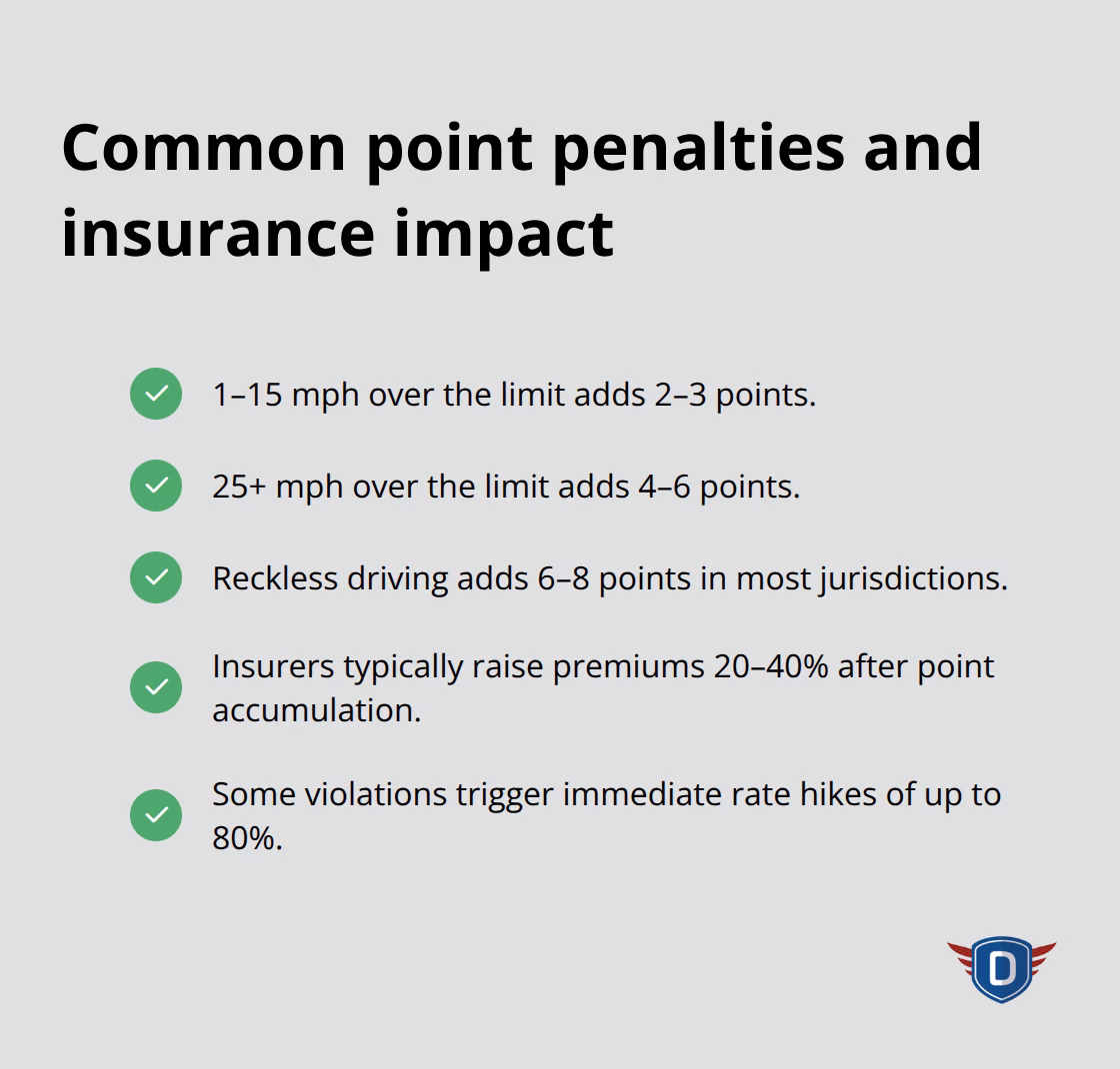 Summary of common traffic violation point values and related insurance premium impacts in the United States. - traffic school for point reduction