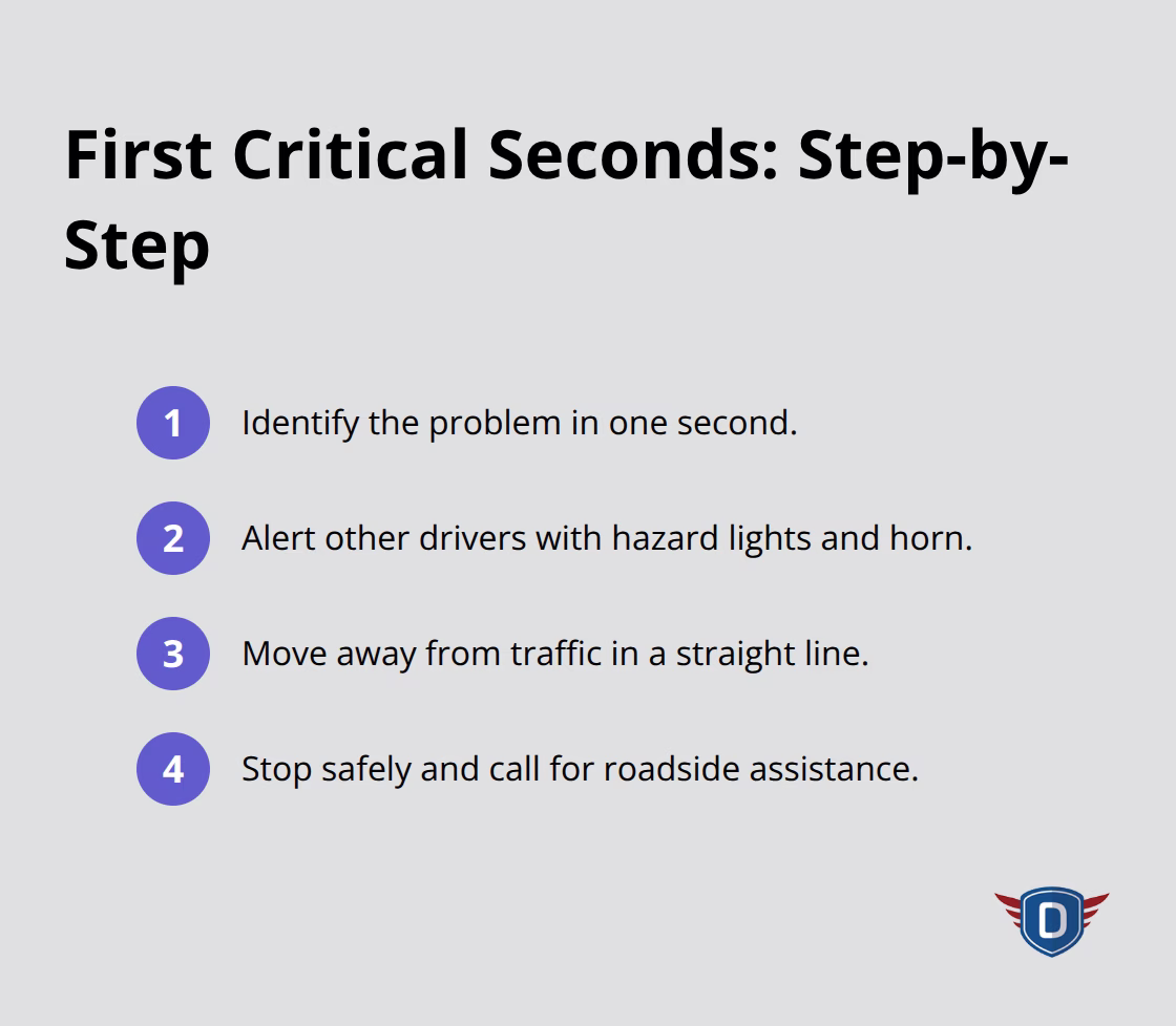 Four-step sequence to regain control and stay safe in the first seconds of a vehicle emergency.