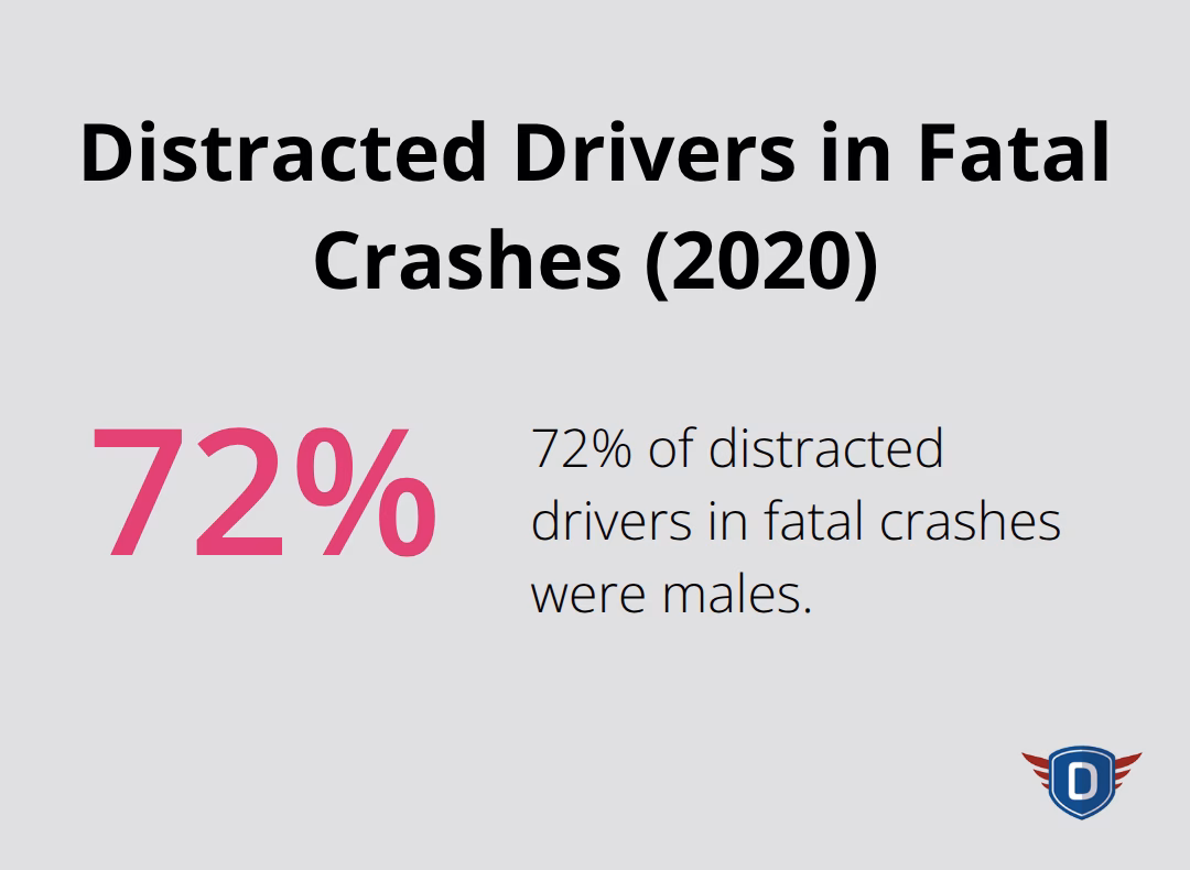 Pie chart showing 72% of distracted drivers in fatal crashes were male in 2020