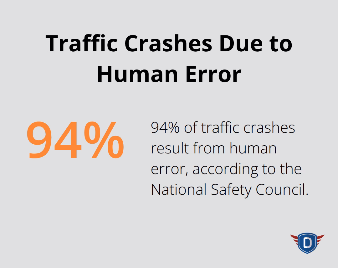 Pie chart showing 94% of traffic crashes result from human error - what is defensive driving